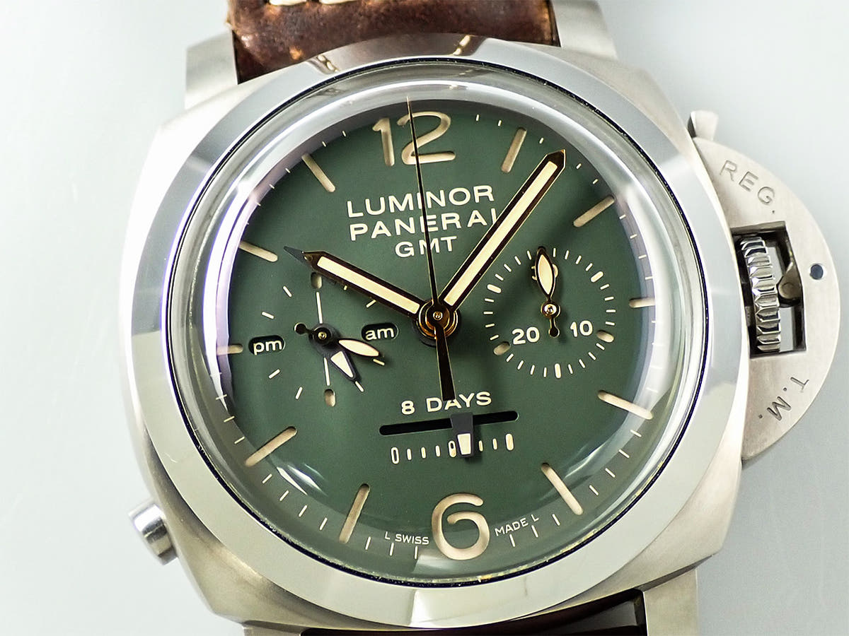 パネライ ルミノール 1950 クロノグラフ モノプルサンテ 8デイズ GMT チタニオ  Ref.PAM00737 グリーン文字盤 中古 S9PR6989